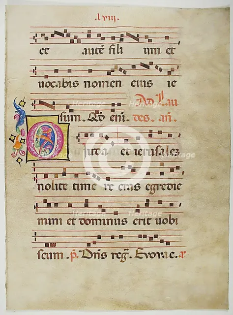 Manuscript Leaf with Initial O, from an Antiphonary, Italian, 15th century. Creator: Unknown.