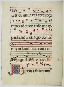 Manuscript Leaf with Initial S, from a Choir Book, Italian, 15th century. Creator: Unknown