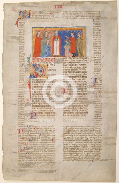 Manuscript Leaf with Marriage Scene, from Decretals of Gregory IX, Italian, ca. 1300. Creator: Unknown.