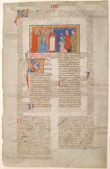 Manuscript Leaf with Marriage Scene, from Decretals of Gregory IX, Italian, ca. 1300. Creator: Unknown