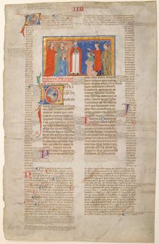 Manuscript Leaf with Marriage Scene, from Decretals of Gregory IX, Italian, ca. 1300. Creator: Unknown