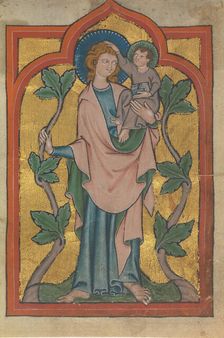 Manuscript Leaf with Saint Christopher Bearing Christ, German or Swiss, early 14th century. Creator: Unknown