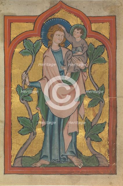 Manuscript Leaf with Saint Christopher Bearing Christ, early 14th century. Creator: Unknown.