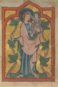 Manuscript Leaf with Saint Christopher Bearing Christ, early 14th century. Creator: Unknown