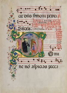 Manuscript Leaf with Saint Benedict Resuscitating a Boy in an Initial D..., second half 15th century Creator: Master of the Riccardiana Lactantius