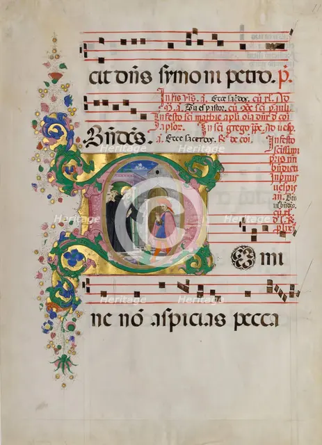 Manuscript Leaf with Saint Benedict Resuscitating a Boy in an Initial D..., second half 15th century Creator: Master of the Riccardiana Lactantius.