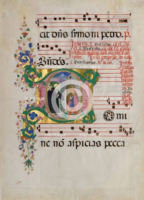 Manuscript Leaf with Saint Benedict Resuscitating a Boy in an Initial D..., second half 15th century Creator: Master of the Riccardiana Lactantius.