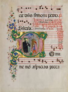 Manuscript Leaf with Saint Benedict Resuscitating a Boy in an Initial D, from an Antiphonary. Creator: Master of the Riccardiana Lactantius