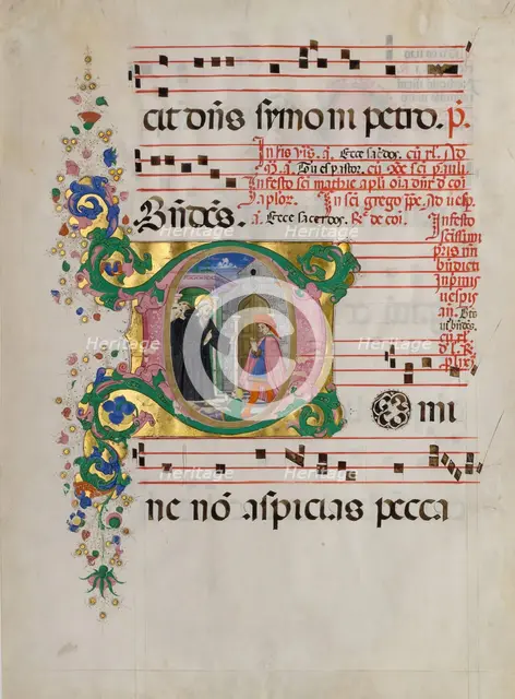 Manuscript Leaf with Saint Benedict Resuscitating a Boy in an Initial D, from an Antiphonary. Creator: Master of the Riccardiana Lactantius.
