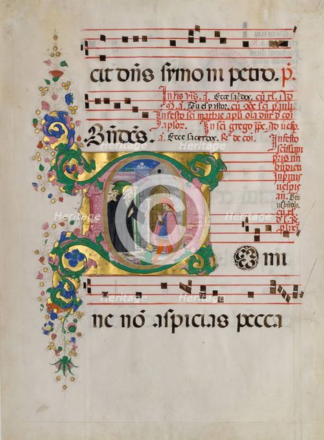 Manuscript Leaf with Saint Benedict Resuscitating a Boy in an Initial D, from an Antiphonary. Creator: Master of the Riccardiana Lactantius.