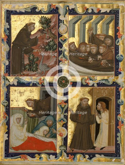 Manuscript Leaf with Scenes from the Life of Saint Francis of Assisi, Italian, ca. 1320-42. Creator: Unknown.