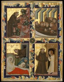 Manuscript Leaf with Scenes from the Life of Saint Francis of Assisi, ca. 1320-42. Creator: Unknown