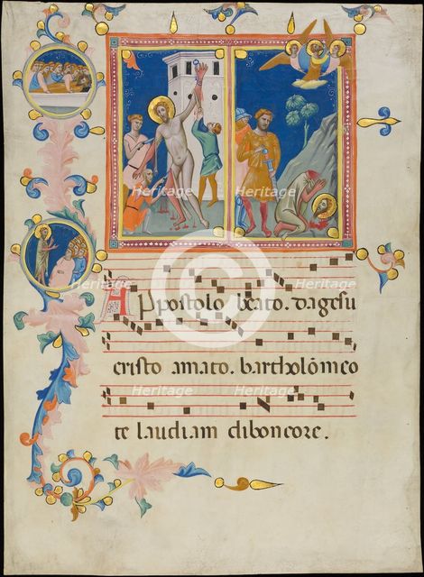 Manuscript Leaf with the Martyrdom of Saint Bartholomew, from a Laudario, ca. 1340. Creator: Pacino di Bonaguida.