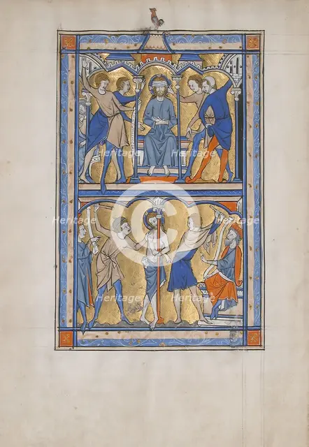 Manuscript Leaf with the Mocking and Flagellation of Christ, from a Royal Psalter, 13th century. Creator: Unknown.