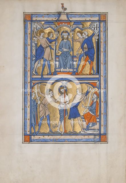 Manuscript Leaf with the Mocking and Flagellation of Christ, from a Royal Psalter, 13th century. Creator: Unknown.