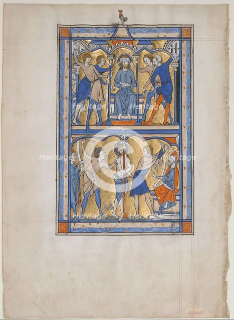 Manuscript Leaf with the Mocking and Flagellation of Christ, from a Royal Psalter, British, 13th cen Creator: Unknown.