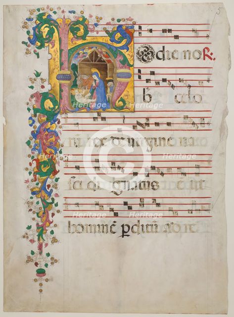 Manuscript Leaf with the Nativity in an Initial H, from an Antiphonary, second half 15th century. Creator: Master of the Riccardiana Lactantius.