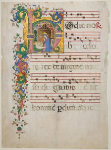 Manuscript Leaf with the Nativity in an Initial H, from an Antiphonary, second half 15th century. Creator: Master of the Riccardiana Lactantius
