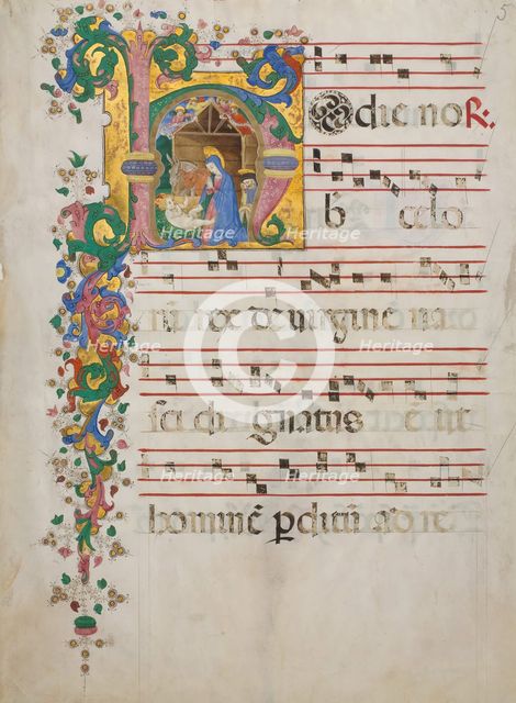 Manuscript Leaf with the Nativity in an Initial H, from an Antiphonary, Italian, second half 15th ce Creator: Master of the Riccardiana Lactantius.