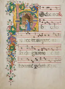 Manuscript Leaf with the Nativity in an Initial H, from an Antiphonary, Italian, second half 15th ce Creator: Master of the Riccardiana Lactantius