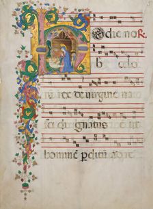 Manuscript Leaf with the Nativity in an Initial H, from an Antiphonary, Italian, second half 15th ce Creator: Master of the Riccardiana Lactantius