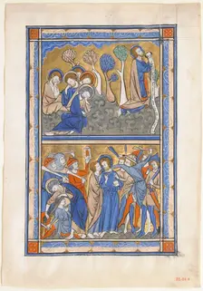 Manuscript Leaf with the Agony in the Garden and Betrayal of Christ, from a Royal Psalter, ca. 1270. Creator: Unknown