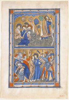 Manuscript Leaf with the Agony in the Garden and Betrayal of Christ, from a Royal Psalter, ca. 1270. Creator: Unknown
