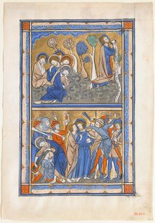 Manuscript Leaf with the Agony in the Garden and Betrayal of Christ, from a Royal Psalter, ca. 1270. Creator: Unknown
