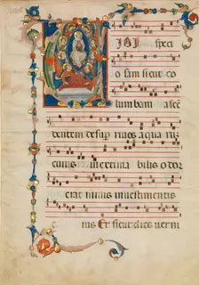 Manuscript Leaf with the Assumption of the Virgin in an Initial V, from an Antiphonary, ca. 1340. Creator: Niccolò di ser Sozzo