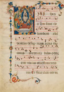 Manuscript Leaf with the Assumption of the Virgin in an Initial V, from an Antiphonary, ca. 1340. Creator: Niccolò di ser Sozzo