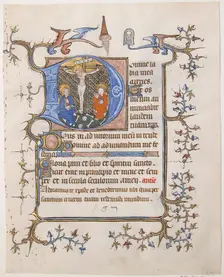 Manuscript Leaf with the Crucifixion in an Initial D, from a Book of Hours, ca. 1350. Creator: Unknown