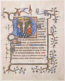 Manuscript Leaf with the Crucifixion in an Initial D, from a Book of Hours, ca. 1350. Creator: Unknown