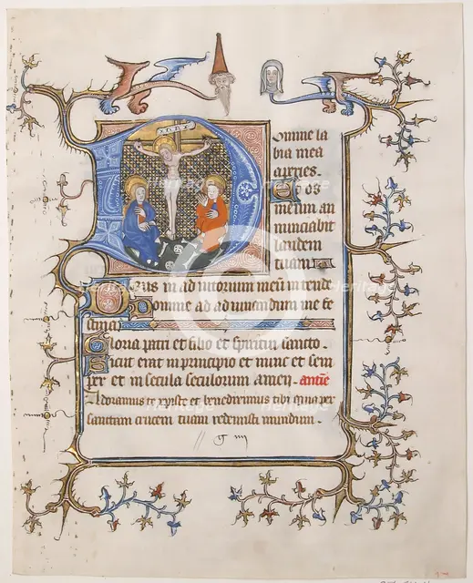 Manuscript Leaf with the Crucifixion in an Initial D, from a Book of Hours, ca. 1350. Creator: Unknown.