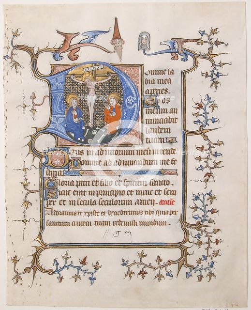 Manuscript Leaf with the Crucifixion in an Initial D, from a Book of Hours, ca. 1350. Creator: Unknown.