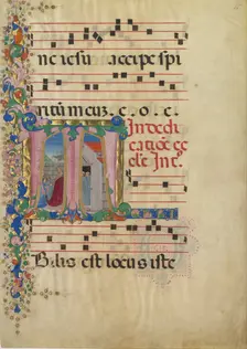 Manuscript Leaf with the Dedication of a Church in an Initial T, from a Gradual, 2nd half 15th cent. Creator: Mariano del Buono