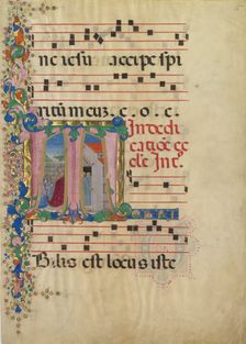 Manuscript Leaf with the Dedication of a Church in an Initial T, from a Gradual, second half 15th ce Creator: Mariano del Buono