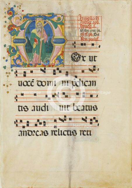 Manuscript Leaf with the Feast of Saint Andrew in an Initial M ..., second half 15th century. Creator: Master of the Riccardiana Lactantius.