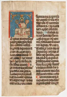 Manuscript Leaf with the Holy Trinity in an Initial T, from a Missal, ca. 1390. Creator: Unknown
