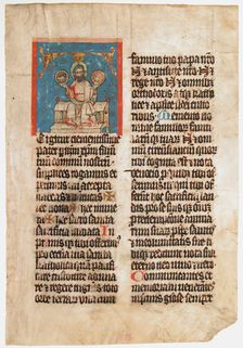 Manuscript Leaf with the Holy Trinity in an Initial T, from a Missal, ca. 1390. Creator: Unknown