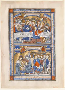Manuscript Leaf with the Last Supper and the Washing of the Apostles Feet Leaf..., ca. 1250-70. Creator: Unknown