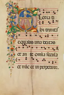 Manuscript Leaf with the Trinity in an Initial G, from an Antiphonary, second half 15th century. Creator: Master of the Riccardiana Lactantius