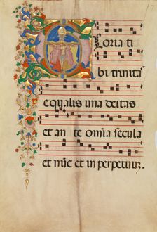 Manuscript Leaf with the Trinity in an Initial G, from an Antiphonary, second half 15th century. Creator: Master of the Riccardiana Lactantius