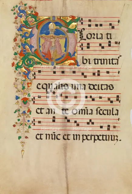 Manuscript Leaf with the Trinity in an Initial G, from an Antiphonary, second half 15th century. Creator: Master of the Riccardiana Lactantius.