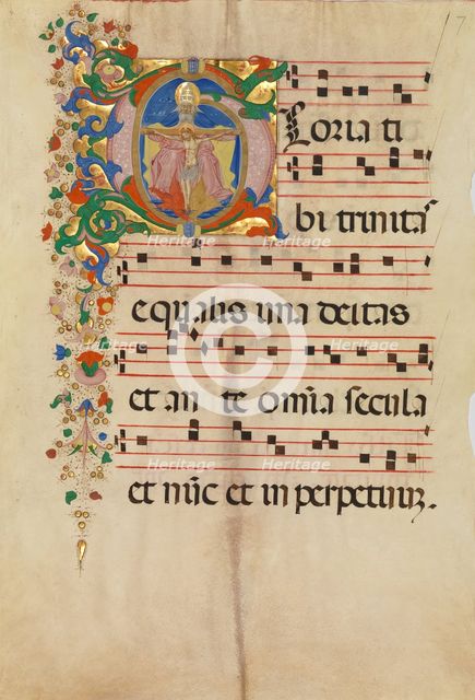 Manuscript Leaf with the Trinity in an Initial G, from an Antiphonary, second half 15th century. Creator: Master of the Riccardiana Lactantius.