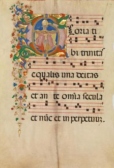 Manuscript Leaf with the Trinity in an Initial G, from an Antiphonary, second half 15th century. Creator: Master of the Riccardiana Lactantius