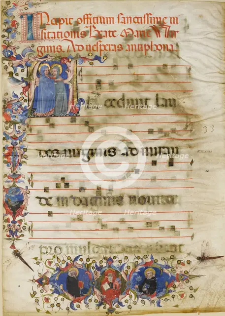 Manuscript Leaf with the Visitation in an Initial A and Cardinal Adam Easton..., ca. 1400. Creator: Unknown.
