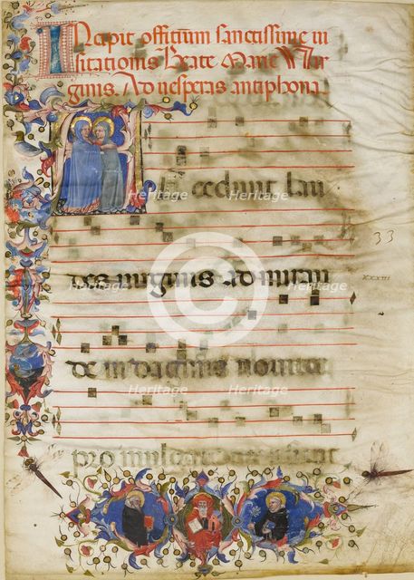 Manuscript Leaf with the Visitation in an Initial A and Cardinal Adam Easton..., ca. 1400. Creator: Unknown.