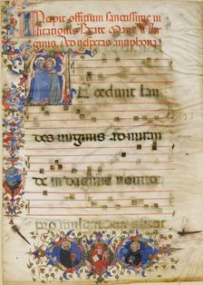 Manuscript Leaf with the Visitation in an Initial A and Cardinal Adam Easton..., ca. 1400. Creator: Unknown