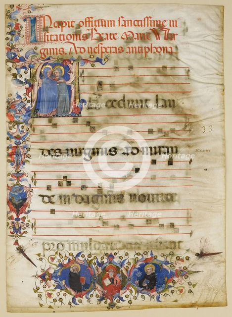 Manuscript Leaf with the Visitation in an Initial A and Cardinal Adam Easton..., Italian, ca. 1400. Creator: Unknown.