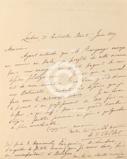 [Manuscript Letter from W. H. Fox Talbot to Antonio Bertoloni], 1839. Creator: William Henry Fox Talbot.